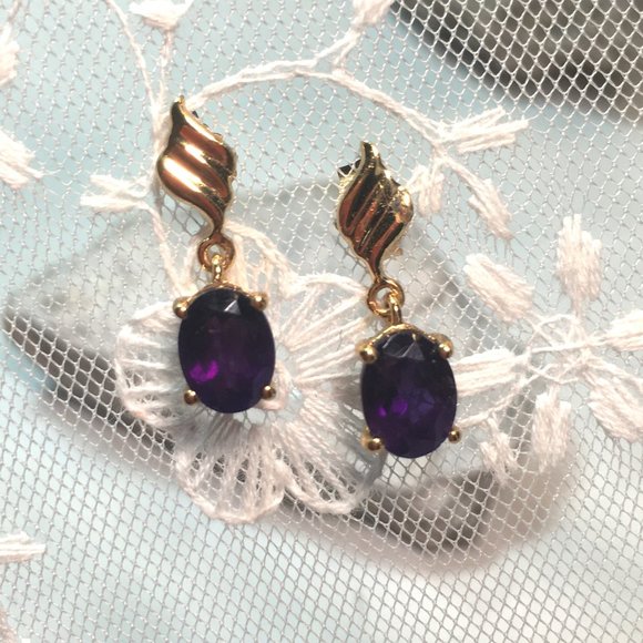 Natural Amethyst Gold Plated Earrings Post Dangles - Picture 9 of 15